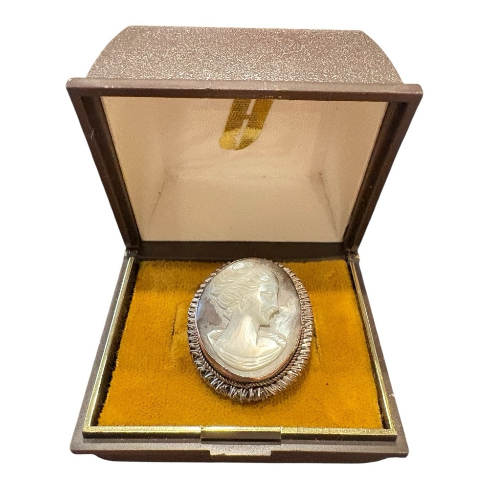 Vintage Hand-Carved Shell Cameo Brooch & Pendant Gold/Silver Tone Frame JB8
